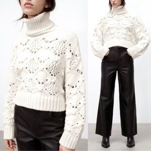 Zara Turtleneck Mini Pom Pom Buttons Sides Cable Knit Sweater Ivory Ecru S